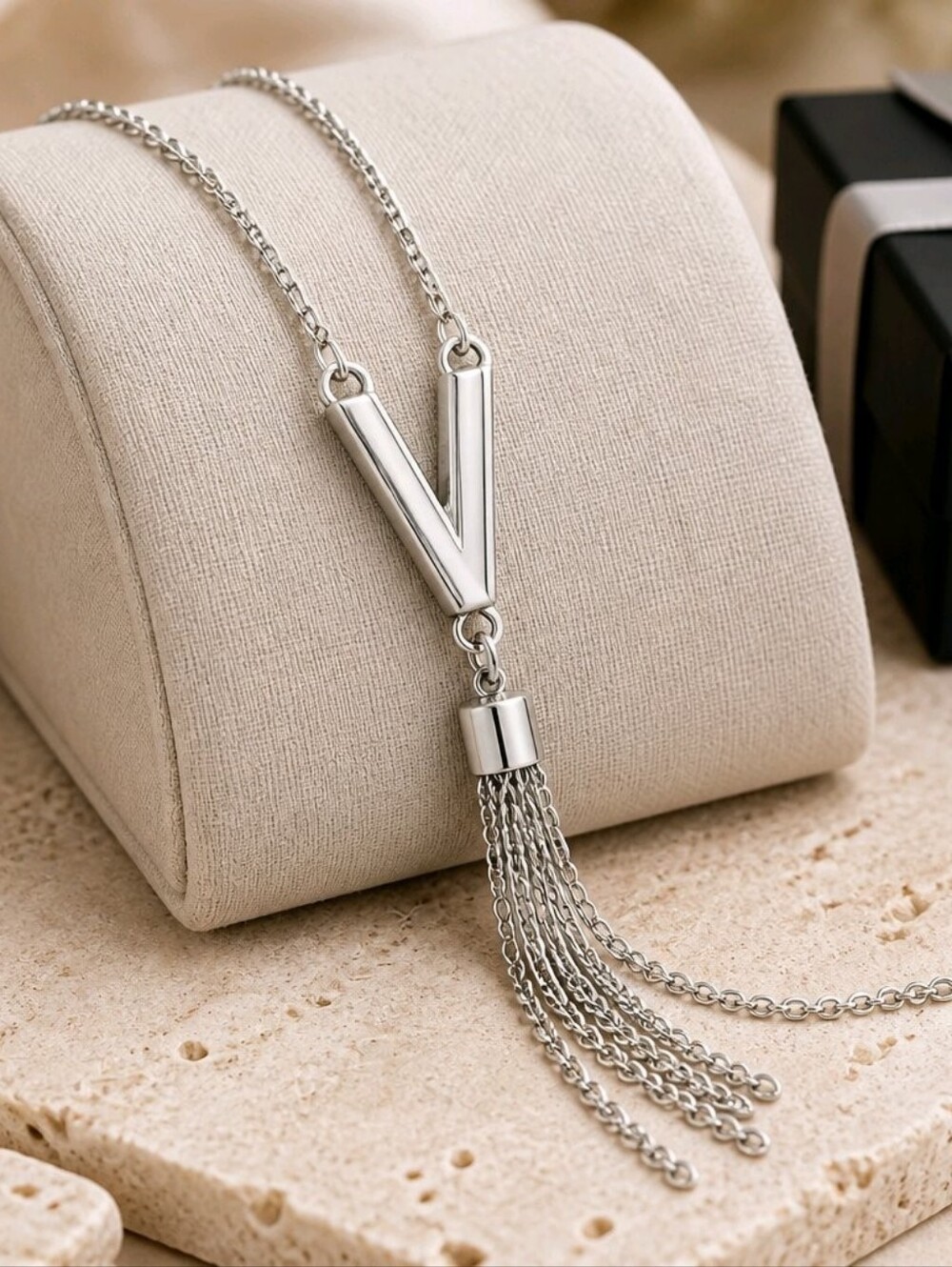 Vintage Silvertone Drop V Shape Initial Tassel Pendant Chain Necklace
